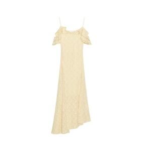 NWT ZARA Studded Lace Midi Dress Light Yellow Ruffle Romantic Size L